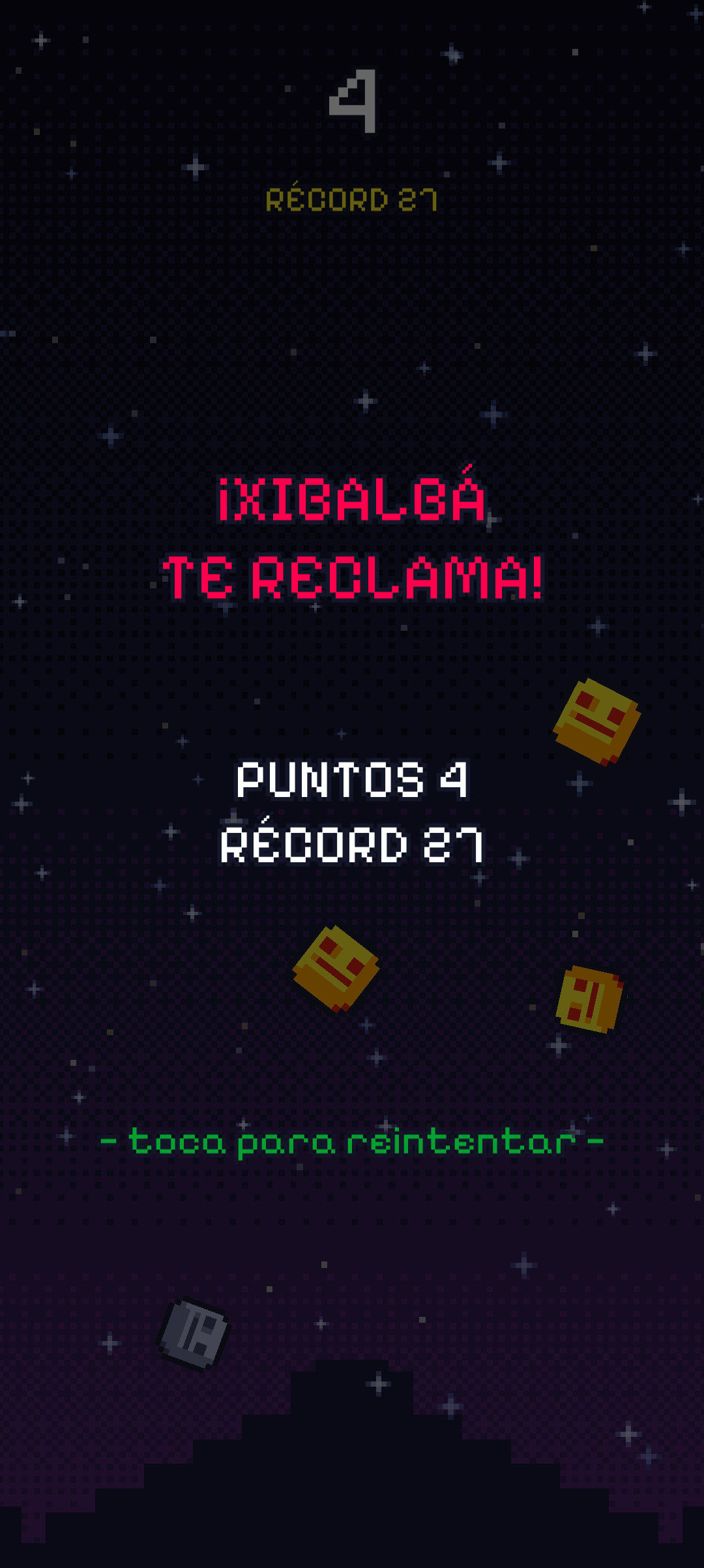 Pantalla de game over con puntos y récord